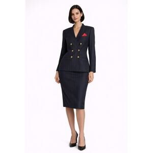 NWT 1980s Le Suit Petite navy pinstripe skirt suit tagged size 8 P modern 6-8